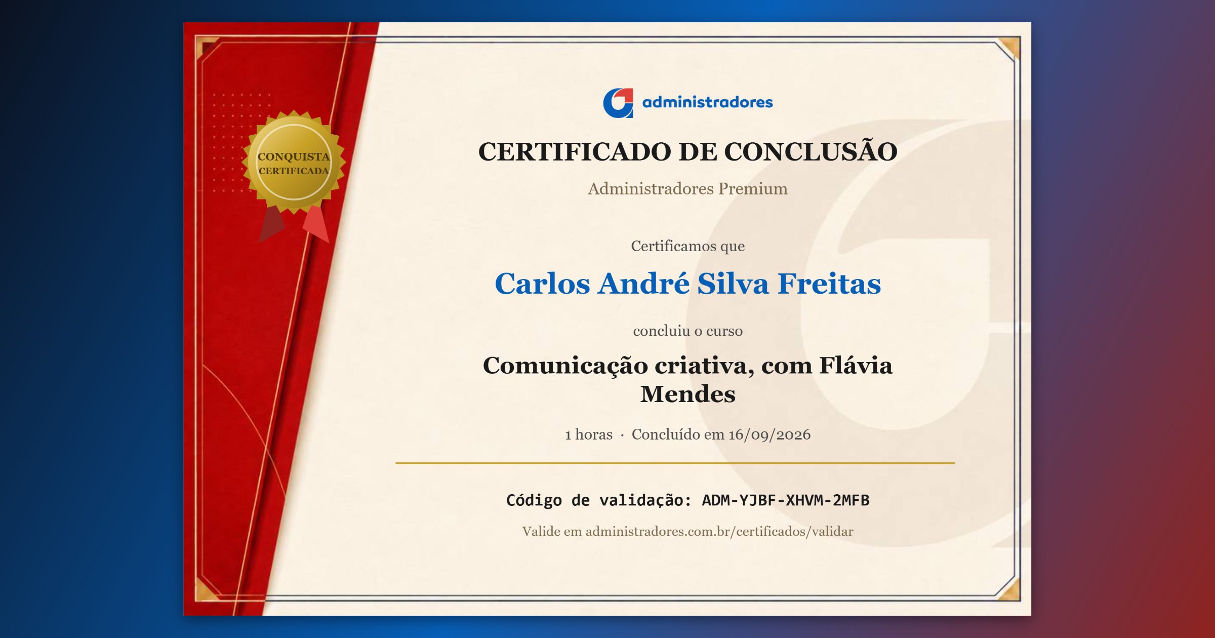 Certificado de Carlos André Silva Freitas